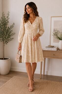 Gal Meets Glam Collection Cream Floral Midi Dress Size 10 Long Sleeve Cuffs